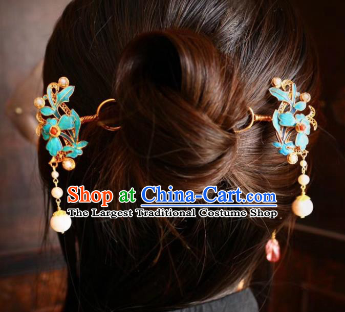 Chinese Handmade Pearls Tassel Hair Stick Traditional Ancient Qing Dynasty Filigree Golden Hairpin