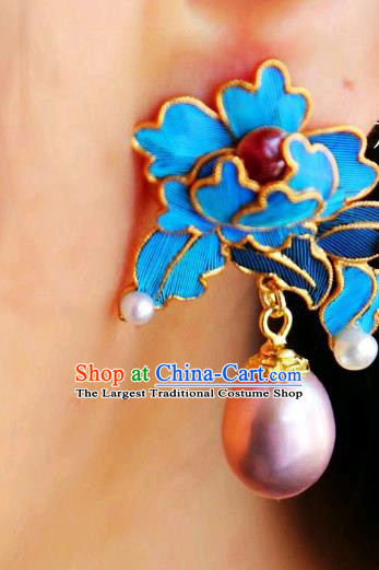 China Classical Tourmaline Pearl Ear Jewelry Traditional Cheongsam Blue Peony Earrings