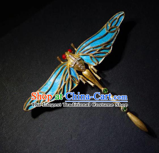 China Traditional Qing Dynasty Emerald Jewelry Handmade Ancient Court Blueing Dragonfly Brooch Accessories