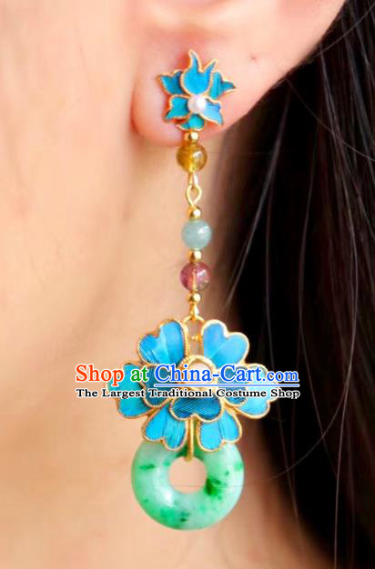 China Classical Jadeite Ear Jewelry Traditional Cheongsam Blue Flower Earrings