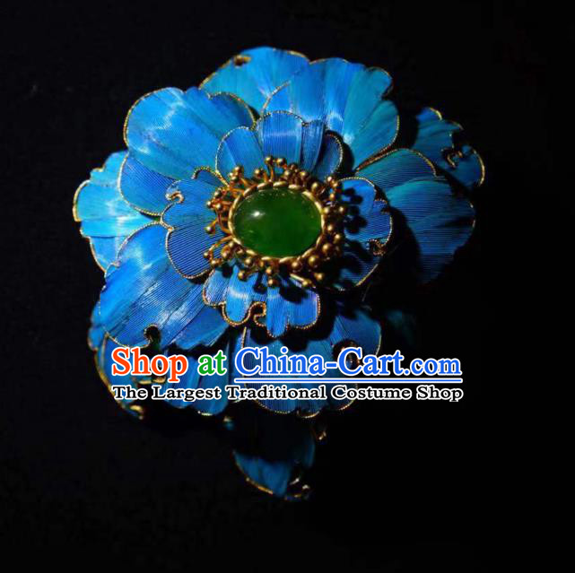 China Handmade Ancient Queen Blue Peony Brooch Accessories Traditional Qing Dynasty Chrysoprase Breastpin Jewelry