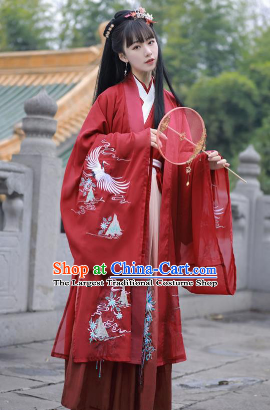 China Ancient Female Swordsman Red Hanfu Dress Clothing Traditional Jin Dynasty Young Lady Wedding Costumes Full Set