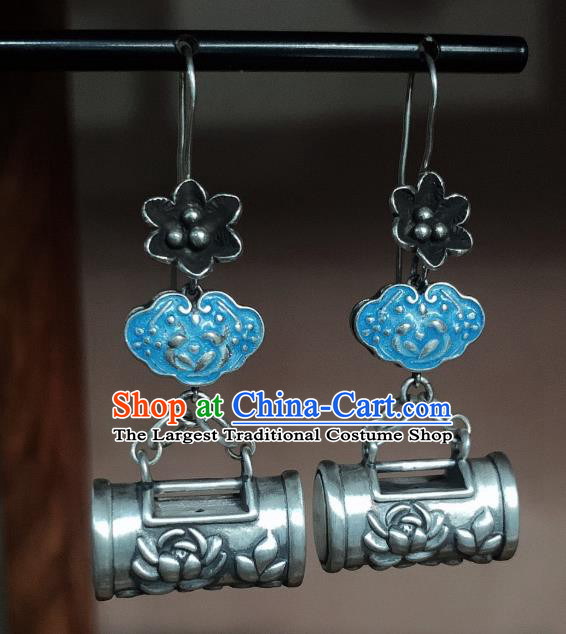 China Traditional Cheongsam Blueing Ear Accessories National Silver Carving Lotus Earrings