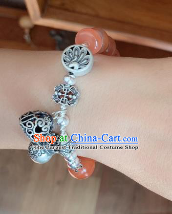 Handmade Chinese Agate Beads Wristlet Accessories National Bracelet Ethnic Silver Carving Bangle