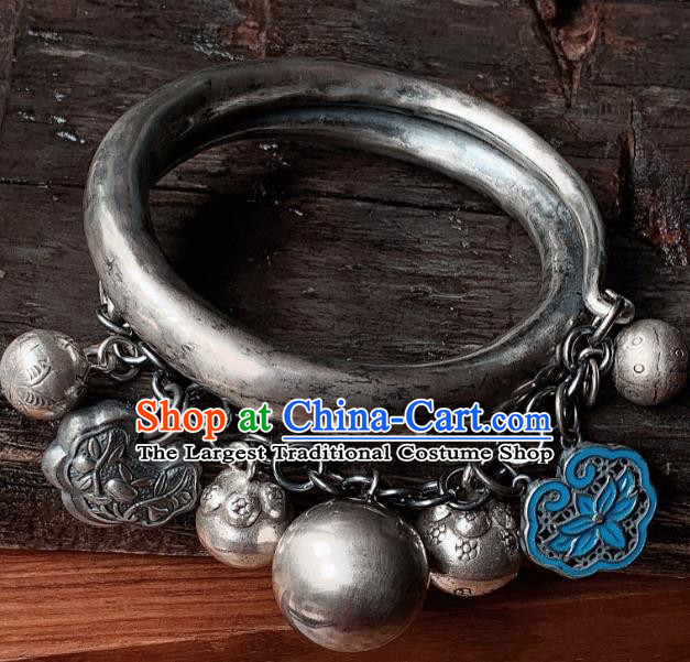 Handmade Chinese Ethnic Silver Bangle Wristlet Accessories National Blueing Lotus Bracelet