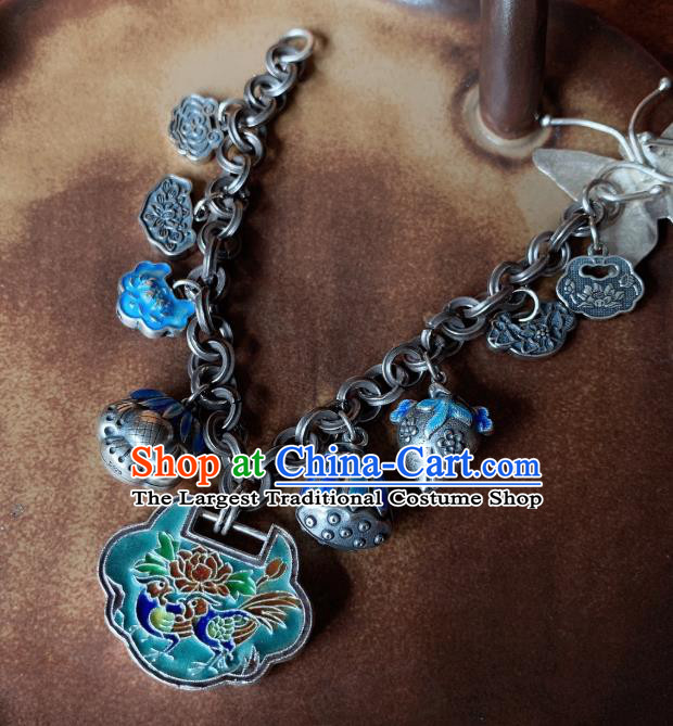 Handmade Chinese Ethnic Silver Carving Lotus Seedpod Bangle Wristlet Accessories National Blueing Phoenix Peony Bracelet