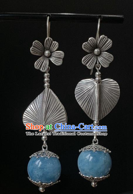 China Traditional Cheongsam Aquamarine Ear Accessories National Silver Earrings