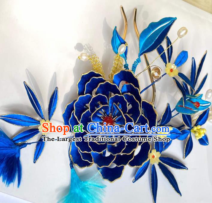 China Traditional Qing Dynasty Royalblue Silk Peony Hairpin Ancient Imperial Consort Pearls Hair Stick