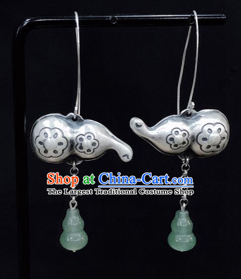 China National Jade Gourd Earrings Traditional Cheongsam Silver Carving Ear Accessories