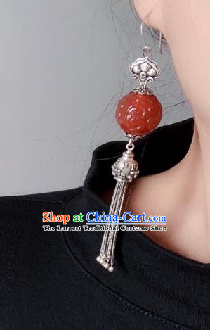 China Traditional Cheongsam Agate Carving Ear Accessories National Silver Tassel Earrings