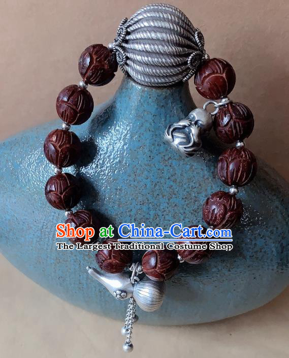 Handmade Chinese Silver Gourd Wristlet Accessories Ethnic Bangle National Rosewood Carving Lotus Bracelet