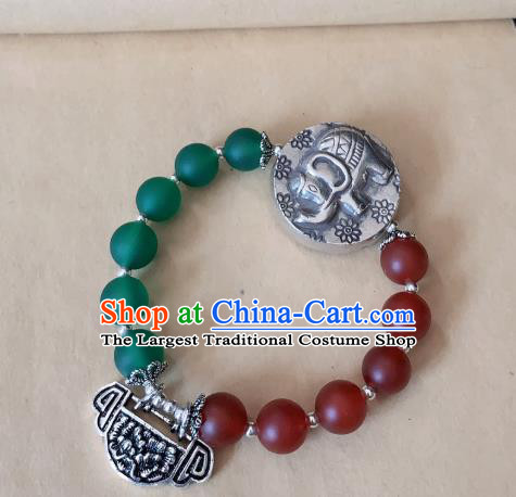 Handmade Chinese Silver Carving Lock Wristlet Accessories Ethnic Bangle National Beads Bracelet