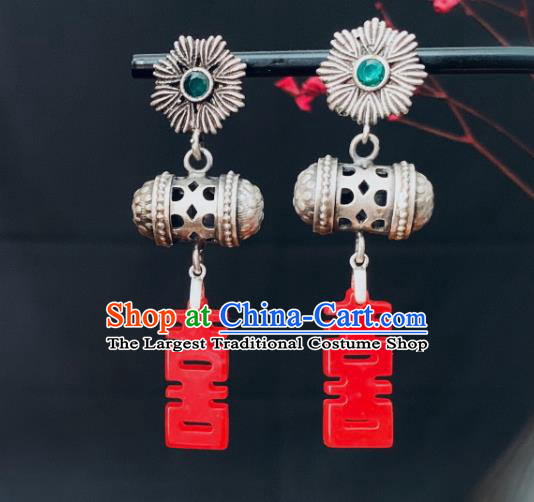 China National Silver Earrings Traditional Cheongsam Agate Ear Jewelry Wedding Accessories