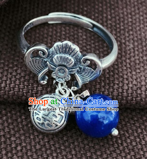 Chinese National Wedding Silver Carving Bat Circlet Jewelry Handmade Ethnic Lapis Ring