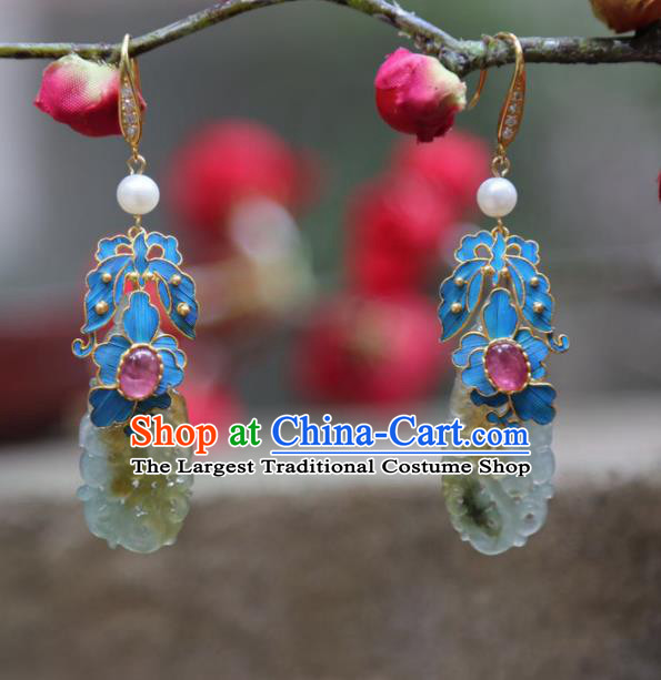 Chinese Ancient Qing Dynasty Court Jade Ear Accessories Handmade Traditional Tourmaline Earrings Jewelry