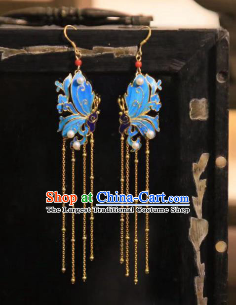 Chinese Handmade Traditional Golden Tassel Earrings Jewelry Ancient Qing Dynasty Court Cloisonne Butterfly Ear Accessories