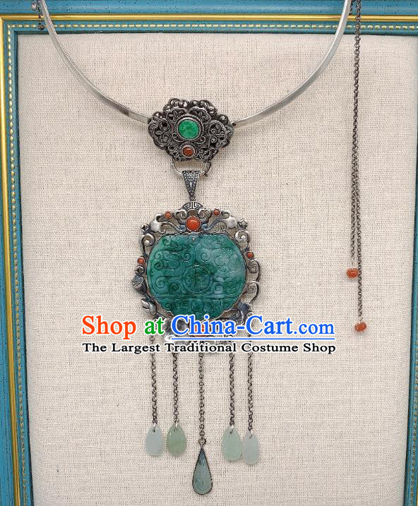 Handmade Chinese National Silver Tassel Necklet Pendant Jadeite Necklace Accessories