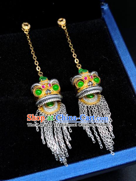 China National Golden Lion Earrings Jewelry Traditional Cheongsam Jade Ear Accessories