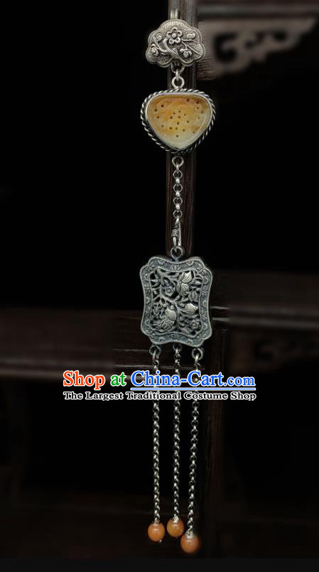 Handmade Chinese Jade Tassel Accessories National Silver Carving Brooch Pendant