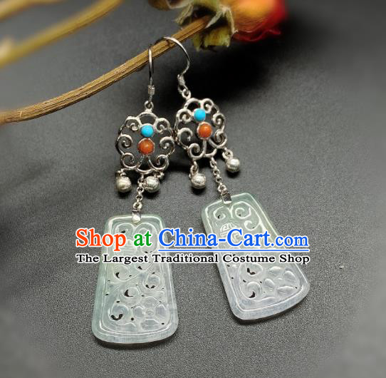 China Traditional Wedding Silver Ear Accessories National Cheongsam Jade Carving Earrings Jewelry