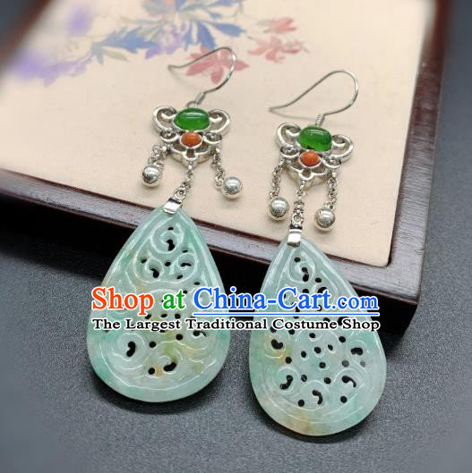 China Traditional Jadeite Carving Ear Accessories National Cheongsam Silver Earrings Jewelry