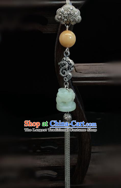 Handmade Chinese Silver Dragon Brooch Accessories National Jade Tassel Pendant