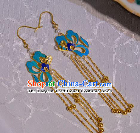 Chinese Traditional Blueing Butterfly Earrings Culture Jewelry Cheongsam Golden Tassel Ear Accessories