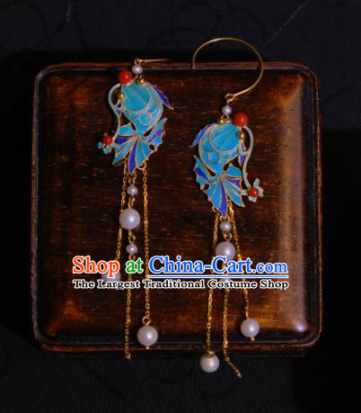 Chinese Cheongsam Pearls Tassel Ear Accessories Traditional Culture Jewelry Blueing Fish Earrings