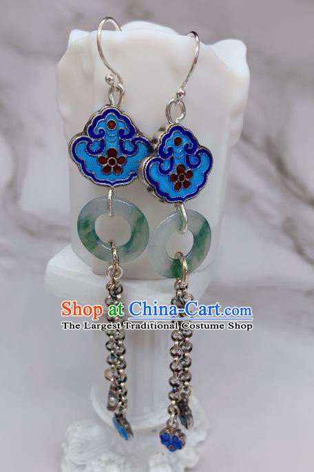 China Traditional Blueing Silver Ear Accessories National Cheongsam Jade Peace Buckle Earrings Jewelry