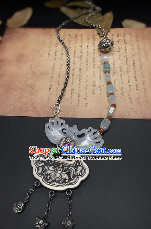 Handmade Chinese Jade Carving Phoenix Necklace Pendant National Silver Lock Tassel Necklet Accessories