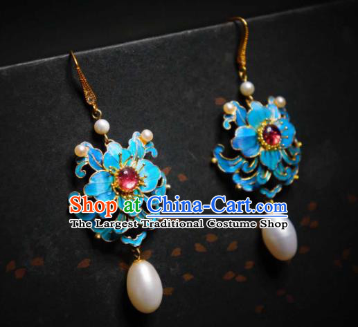 Handmade Chinese Cheongsam Pearls Ear Accessories Traditional Culture Jewelry Blue Peony Earrings