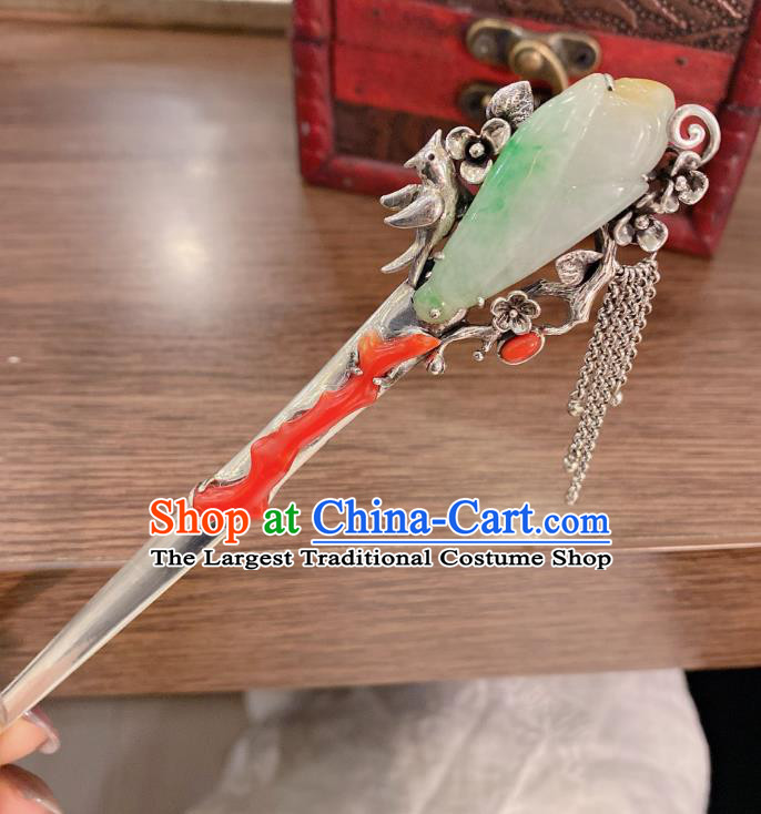 China Traditional Hair Accessories Classical Silver Tassel Hairpin Handmade Jade Mangnolia Hair Stick