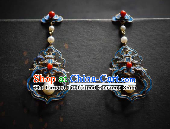 Handmade Chinese Cheongsam Pearls Ear Accessories Traditional Culture Jewelry Blueing Palace Earrings