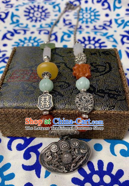 Handmade Chinese Wedding Silver Lock Necklace Accessories National Jade Gems Necklet Pendant