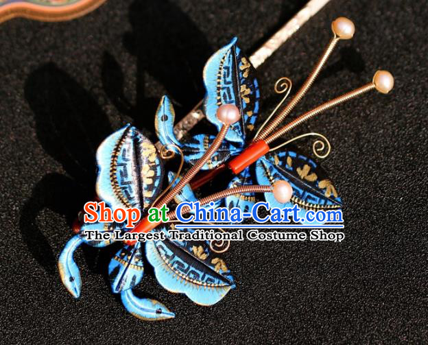 China Traditional Ming Dynasty Princess Tassel Hairpin Hair Accessories Classical Hanfu Blue Butterfly Hair Stick