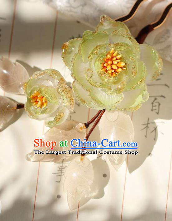 China Classical Hanfu Green Flowers Hair Stick Traditional Ming Dynasty Princess Hairpin Hair Accessories