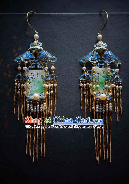 Handmade Chinese Cheongsam Blueing Pearls Ear Accessories Traditional Culture Jewelry Jade Earrings