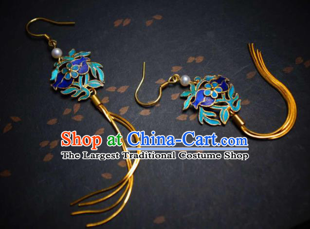 Handmade Chinese Cheongsam Blueing Ear Accessories Traditional Culture Jewelry Golden Long Tassel Earrings