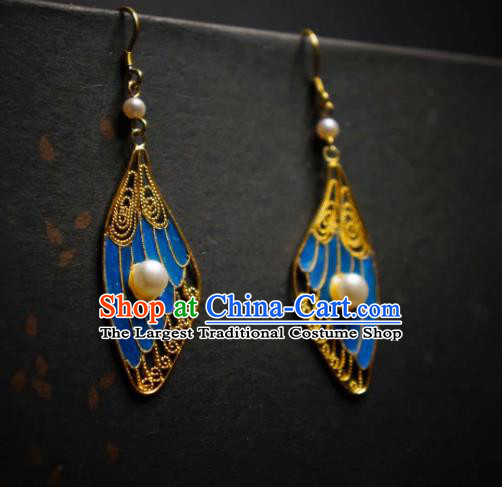 Handmade Chinese Blueing Wing Earrings Traditional Culture Jewelry Cheongsam Pearls Ear Accessories