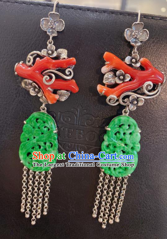 China Classical Red Branch Earrings Traditional Handmade Jade Carving Silver Tassel Ear Accessories