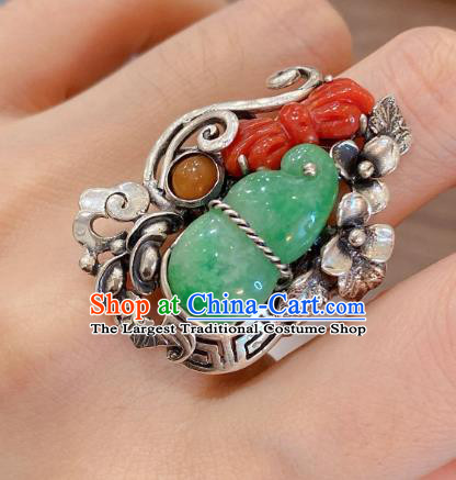 Chinese National Silver Jewelry Jadeite Gourd Circlet Handmade Agate Butterfly Finger Ring