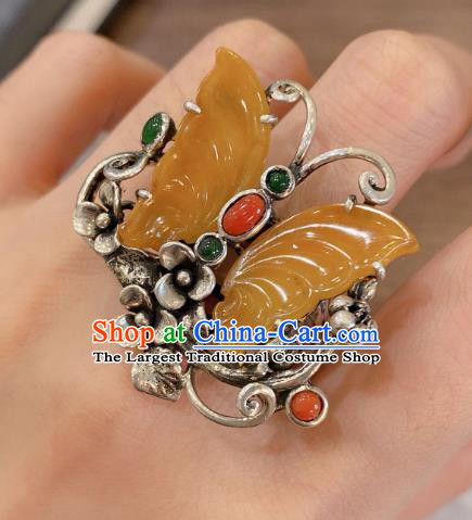 Chinese Handmade Circlet Agate Butterfly Finger Ring National Silver Jewelry