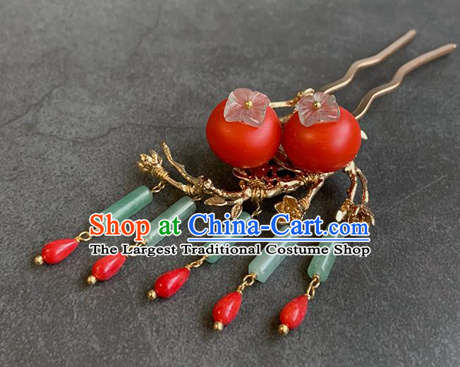 China Traditional Ming Dynasty Princess Tassel Hair Stick Handmade New Year Red Persimmon Hairpin