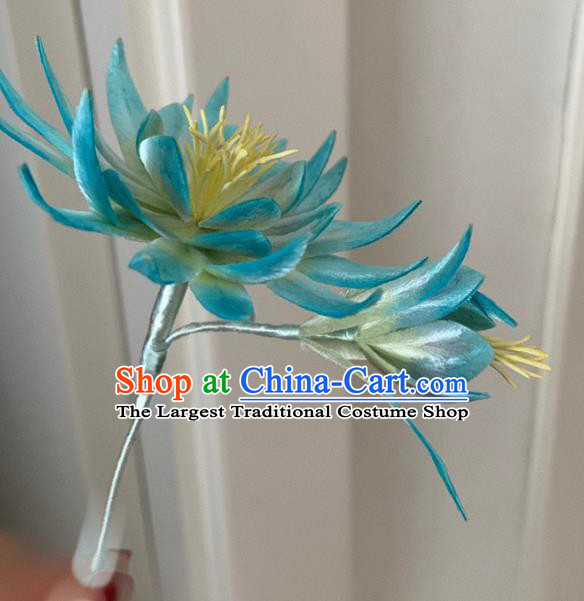 China Classical Blue Velvet Epiphyllum Hairpin Traditional Qing Dynasty Palace Lady Hair Stick