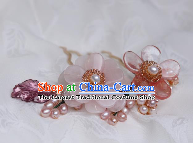 China Classical Hanfu Pearls Hairpin Traditional Ming Dynasty Princess Rose Quartz Flower Hair Comb