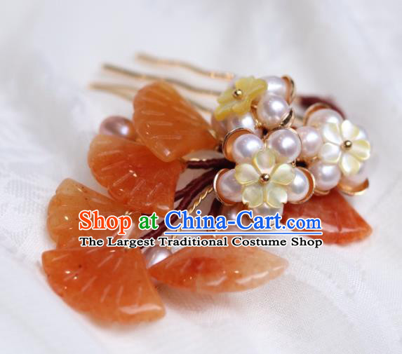 China Classical Hanfu Red Ginkgo Leaf Hairpin Traditional Ming Dynasty Princess Shell Plum Hair Comb