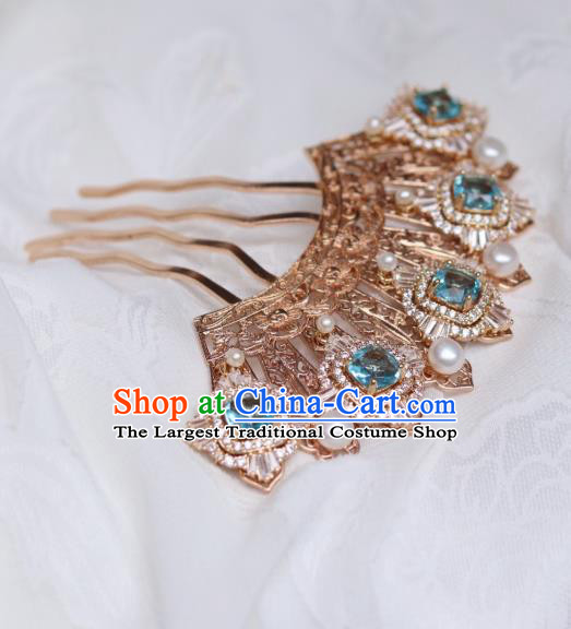 China Traditional Ming Dynasty Princess Hairpin Classical Hanfu Blue Zircon Hair Comb