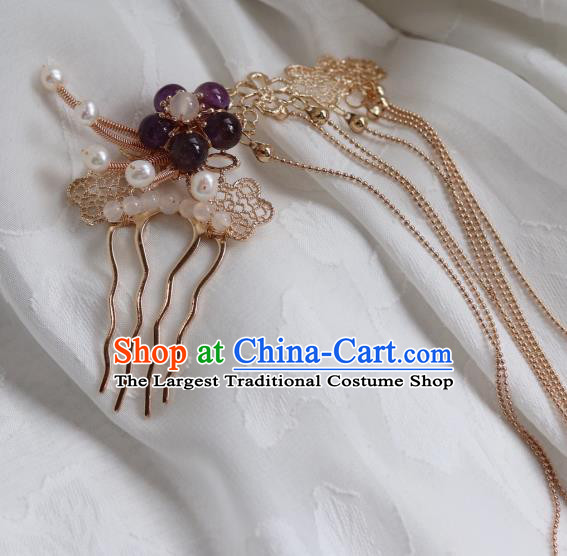 China Traditional Amethyst Plum Hairpin Classical Cheongsam Golden Tassel Hair Comb