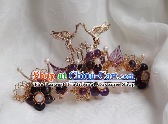 China Traditional Ming Dynasty Golden Crane Hairpin Classical Amethyst Plum Hair Crown