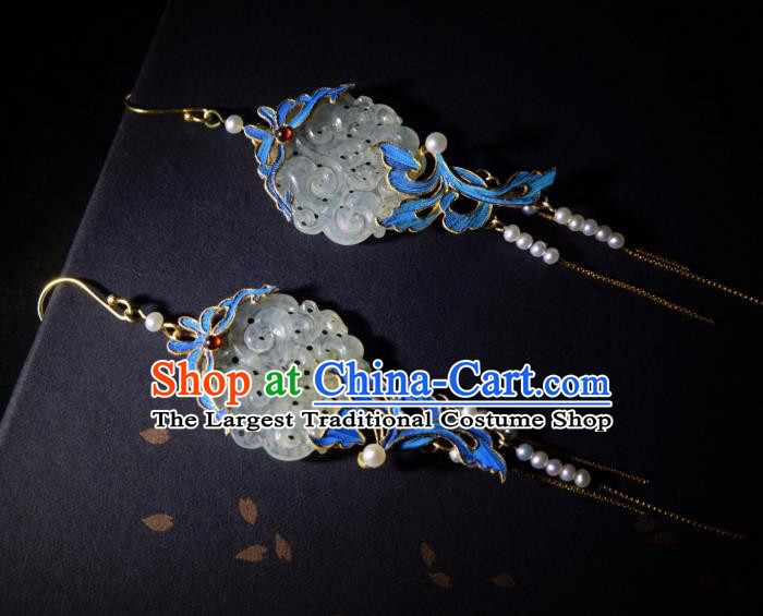 Chinese Traditional Culture Jewelry Pearls Tassel Earrings Ancient Qing Dynasty Blueing Jade Ear Accessories